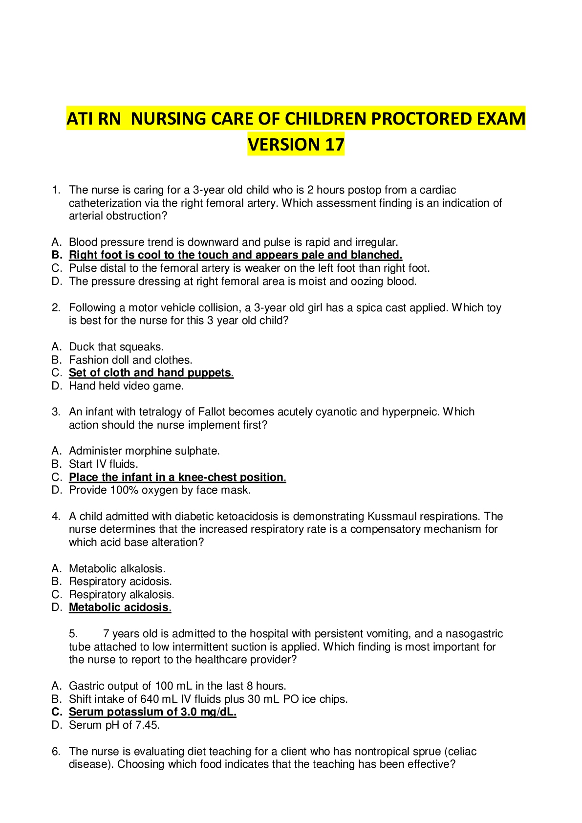 Preview of ATI RN  Nursing Care Of Children Proctored Exam Version 17 Complete Questions & Answers wi